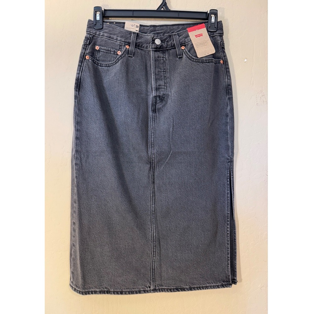 Levis Skirt Women 28 Black Denim Jean Midi Side Slit‎ Button Fly NEW